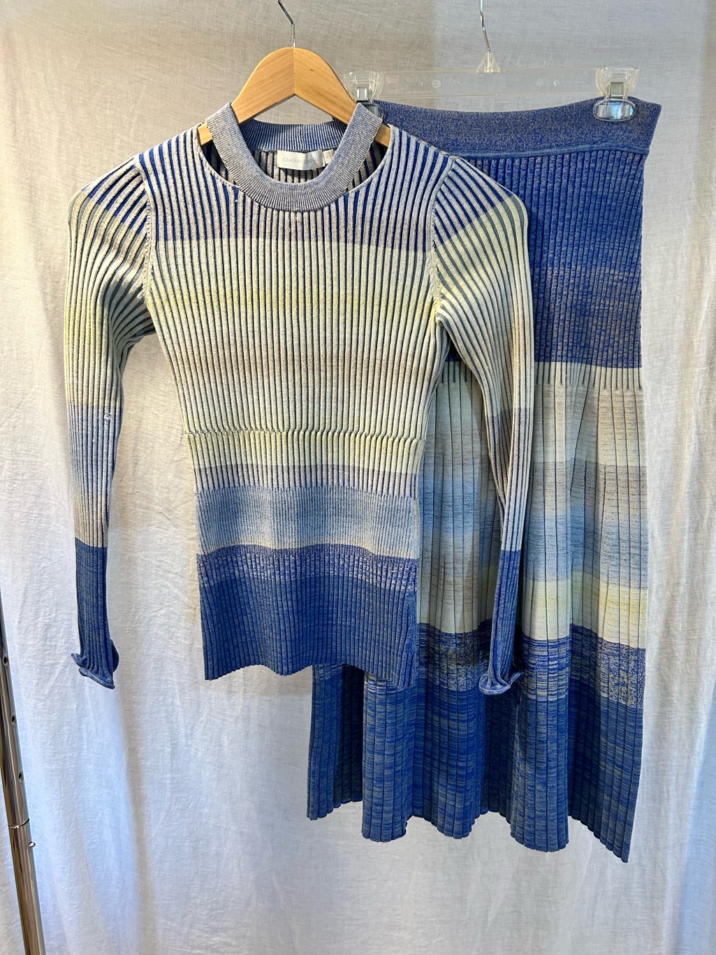 Jonathan Simkhai Blue And Cream Striped Ribbed Knit Top And Matching Skirt